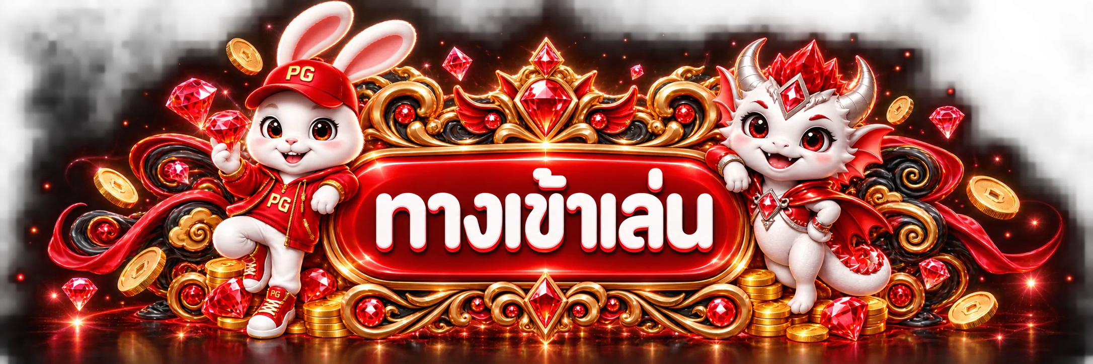 ป้ายทางเข้าเล่น AKAFLIX789 พร้อมมาสคอตกระต่ายและมังกร